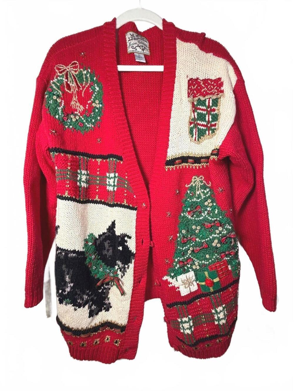 Vintage 90s Scottie Dog Christmas Cardigan L